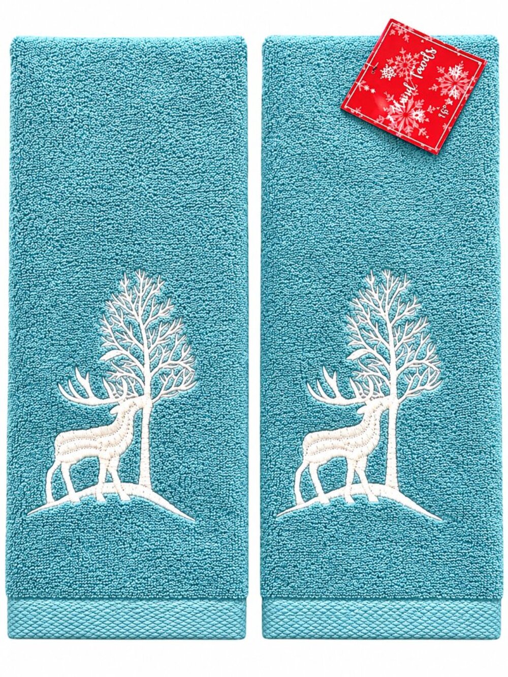 Christmas Tree Reindeer Hand Towels Holiday Embroidered Blue White Set of 2